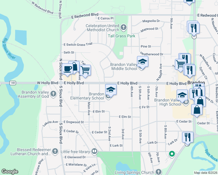 map of restaurants, bars, coffee shops, grocery stores, and more near 501 E Holly Blvd in Brandon