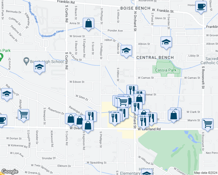 map of restaurants, bars, coffee shops, grocery stores, and more near 5312 West Kootenai Street in Boise