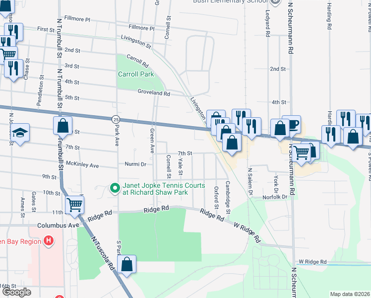map of restaurants, bars, coffee shops, grocery stores, and more near 22 Center Court in Bay City
