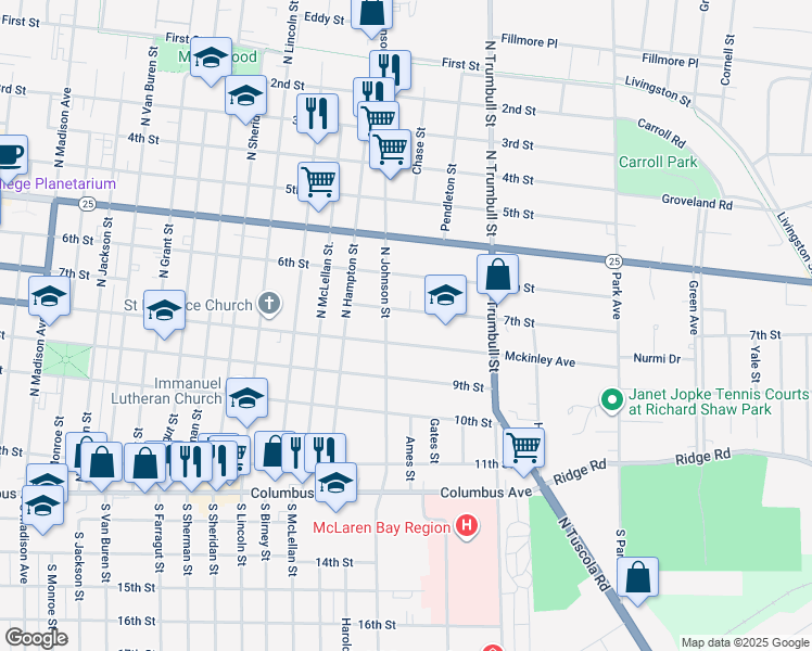map of restaurants, bars, coffee shops, grocery stores, and more near 1821 Mckinley Street in Bay City
