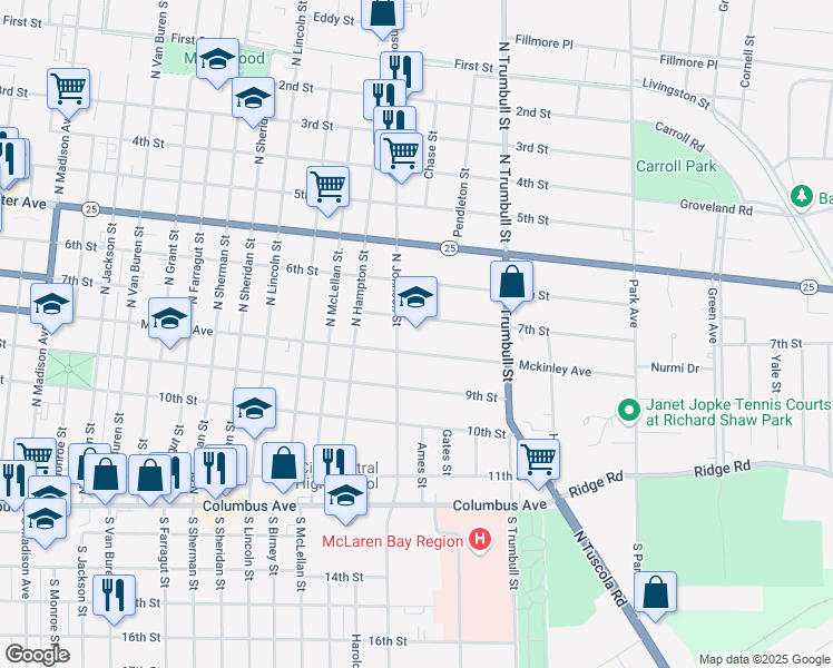 map of restaurants, bars, coffee shops, grocery stores, and more near 1821 Mckinley Street in Bay City