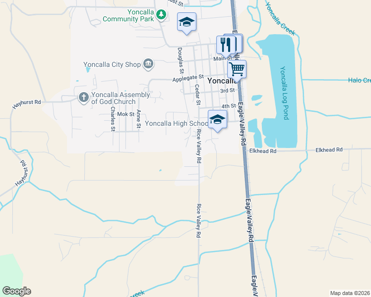 map of restaurants, bars, coffee shops, grocery stores, and more near 749 Douglas Street in Yoncalla