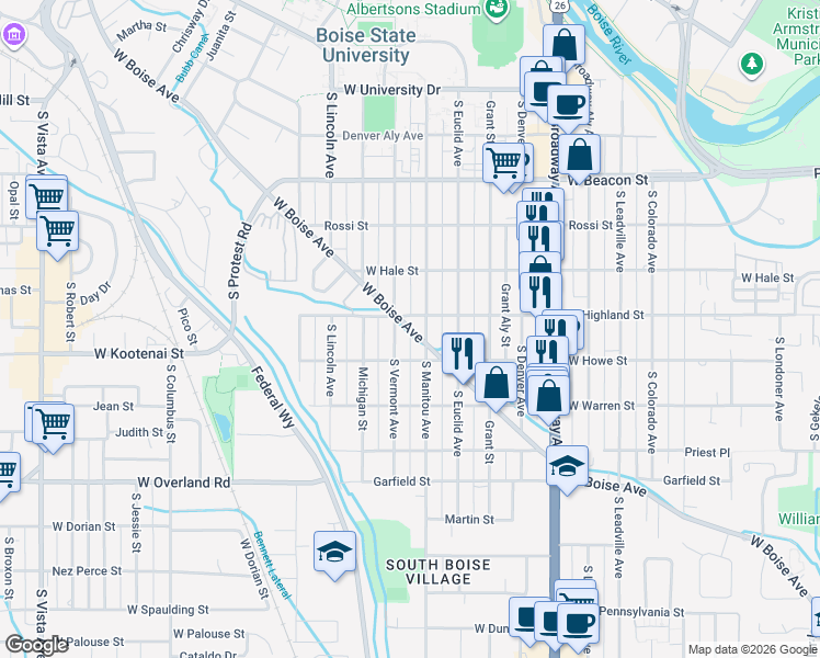 map of restaurants, bars, coffee shops, grocery stores, and more near West Boise Avenue in Boise