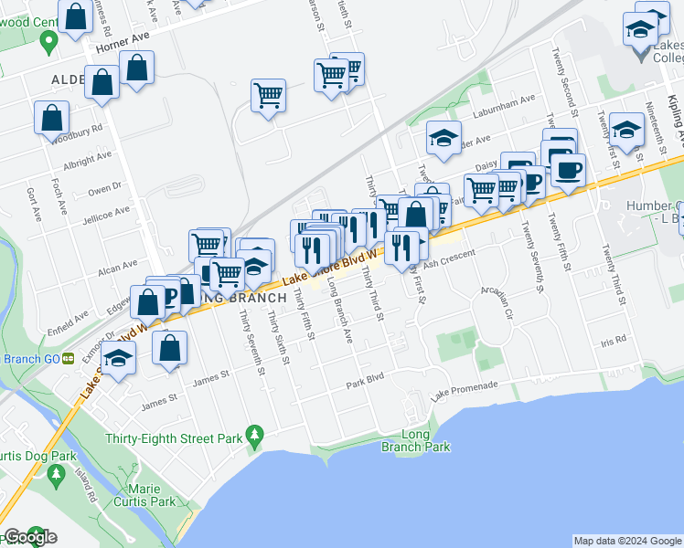 map of restaurants, bars, coffee shops, grocery stores, and more near 3545 Lake Shore Boulevard West in Toronto