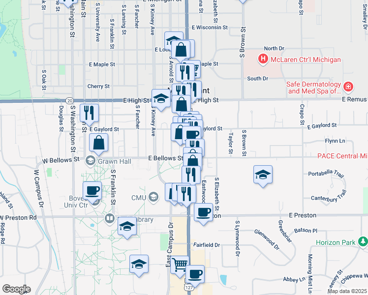 map of restaurants, bars, coffee shops, grocery stores, and more near 1024 South Mission Street in Mount Pleasant