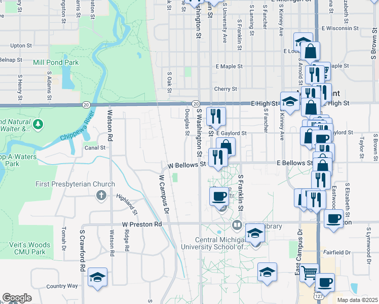 map of restaurants, bars, coffee shops, grocery stores, and more near in Mount Pleasant