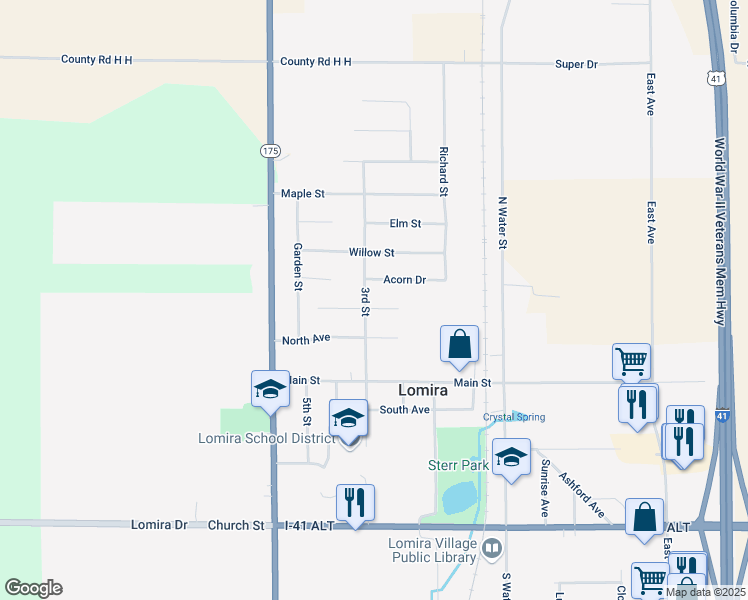map of restaurants, bars, coffee shops, grocery stores, and more near 959 Acorn Drive in Lomira
