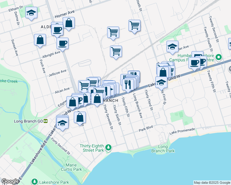 map of restaurants, bars, coffee shops, grocery stores, and more near 3640 Lake Shore Boulevard West in Toronto