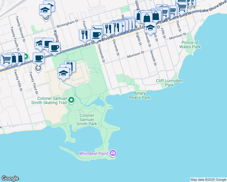 map of restaurants, bars, coffee shops, grocery stores, and more near 245 Lakeshore Drive in Toronto