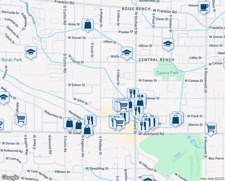 map of restaurants, bars, coffee shops, grocery stores, and more near 5258 West Kootenai Street in Boise