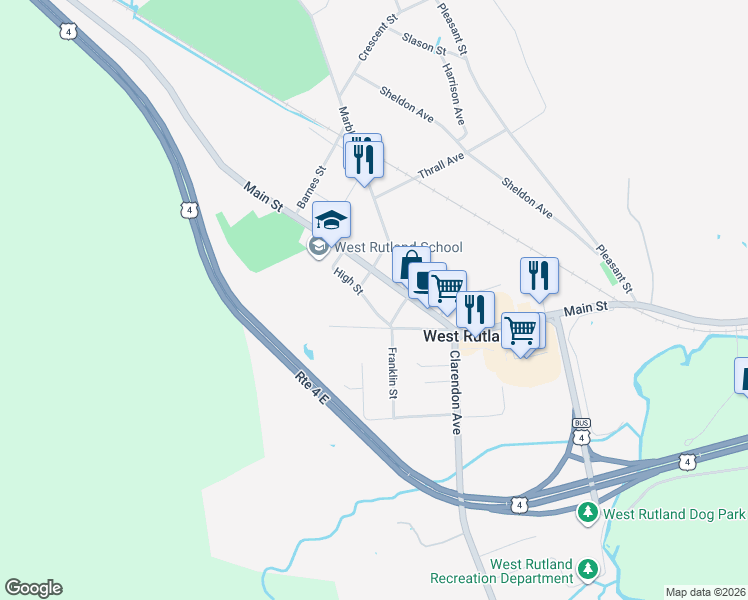 map of restaurants, bars, coffee shops, grocery stores, and more near 595 Main Street in West Rutland