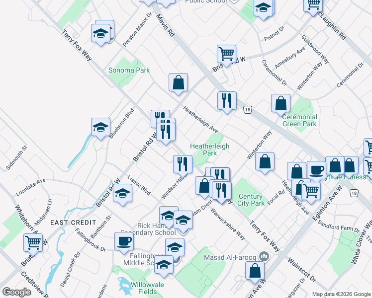 map of restaurants, bars, coffee shops, grocery stores, and more near 5319 Terry Fox Way in Mississauga