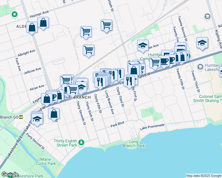 map of restaurants, bars, coffee shops, grocery stores, and more near 3545 Lake Shore Boulevard West in Toronto