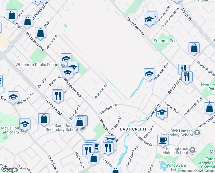 map of restaurants, bars, coffee shops, grocery stores, and more near 5781 Sidmouth Street in Mississauga