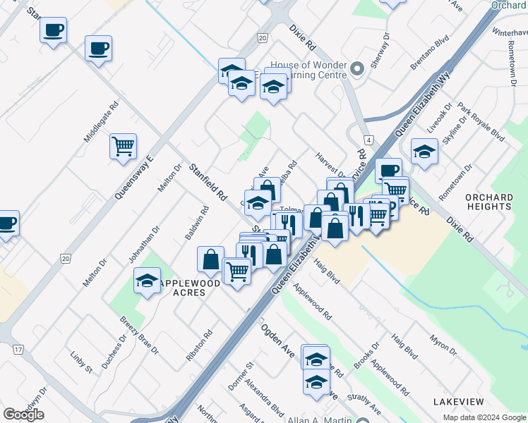 map of restaurants, bars, coffee shops, grocery stores, and more near 2084 Tolman Road in Mississauga