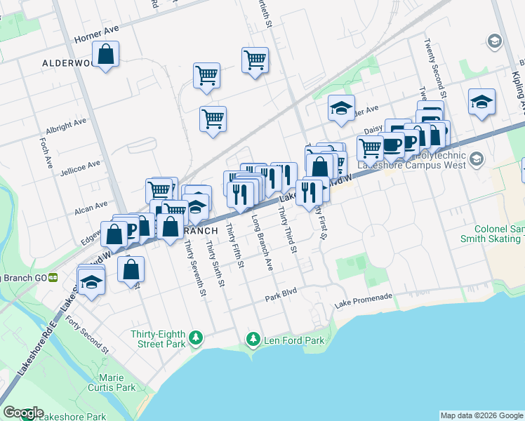 map of restaurants, bars, coffee shops, grocery stores, and more near 3559 Lake Shore Boulevard West in Toronto