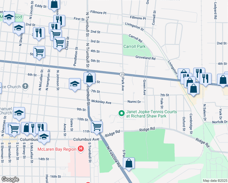 map of restaurants, bars, coffee shops, grocery stores, and more near 2227 7th Street in Bay City