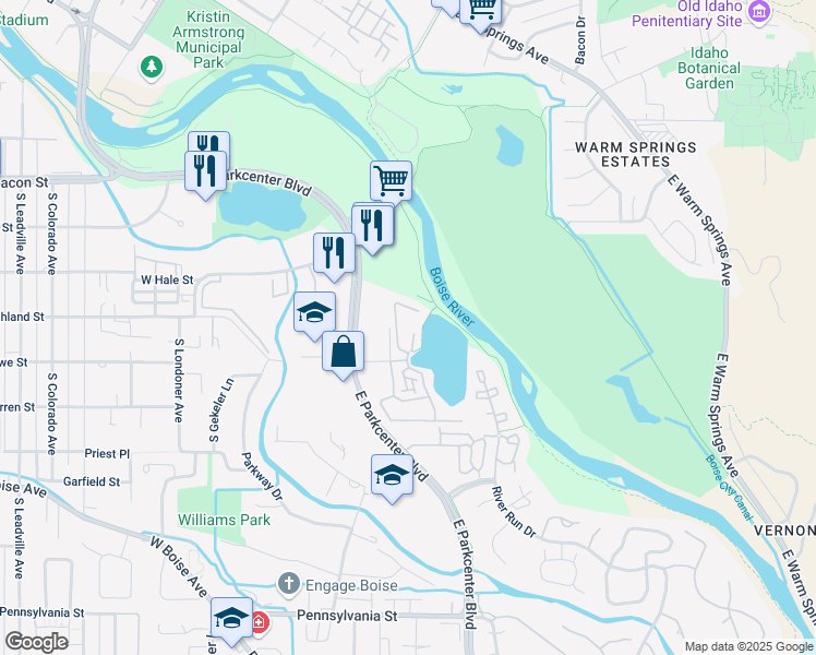 map of restaurants, bars, coffee shops, grocery stores, and more near 1508 South Loggers Pond Place in Boise