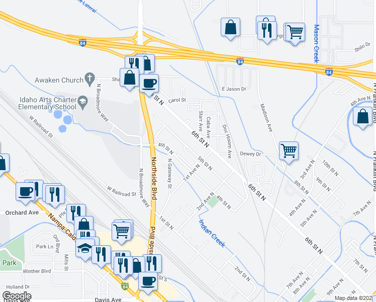 map of restaurants, bars, coffee shops, grocery stores, and more near 63 5th Street North in Nampa