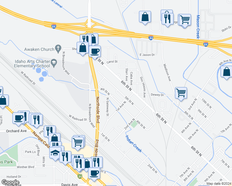 map of restaurants, bars, coffee shops, grocery stores, and more near 63 5th Street North in Nampa