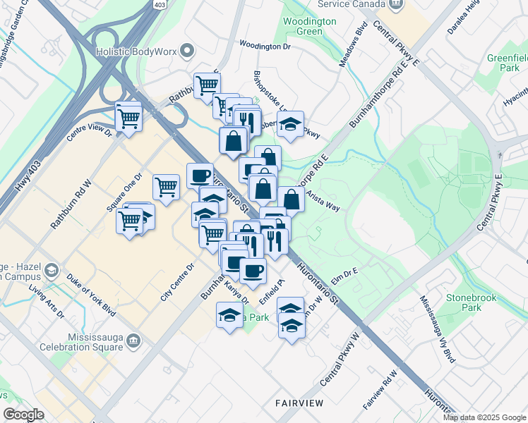 map of restaurants, bars, coffee shops, grocery stores, and more near in Mississauga