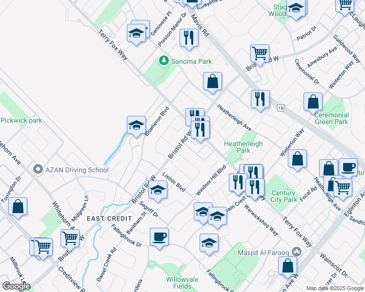 map of restaurants, bars, coffee shops, grocery stores, and more near 1050 Bristol Road West in Mississauga