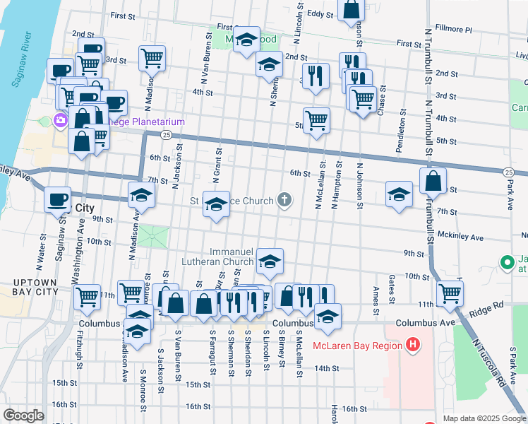 map of restaurants, bars, coffee shops, grocery stores, and more near 1307 Mckinley Street in Bay City