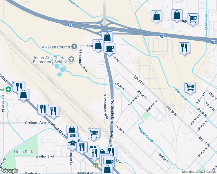 map of restaurants, bars, coffee shops, grocery stores, and more near 332 North Broadmore Way in Nampa