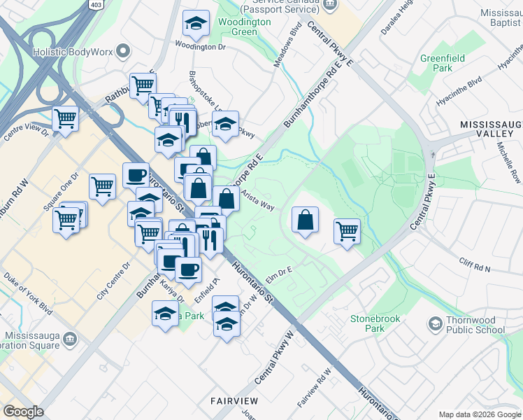 map of restaurants, bars, coffee shops, grocery stores, and more near 3560 Kaneff Crescent in Mississauga