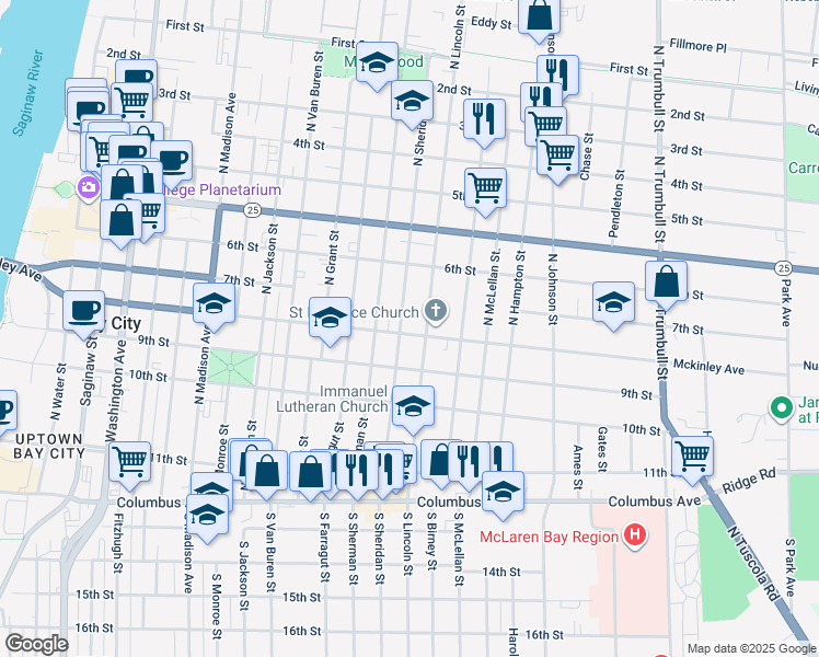 map of restaurants, bars, coffee shops, grocery stores, and more near 1307 Mckinley Street in Bay City