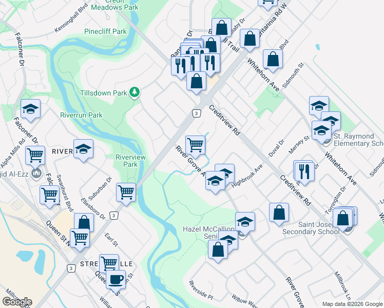 map of restaurants, bars, coffee shops, grocery stores, and more near 1390 Astrella Crescent in Mississauga