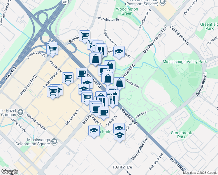 map of restaurants, bars, coffee shops, grocery stores, and more near 60 Absolute Avenue in Mississauga
