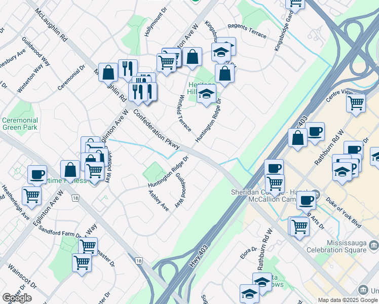 map of restaurants, bars, coffee shops, grocery stores, and more near Confederation Pkwy & Huntington Ridge Dr in Mississauga