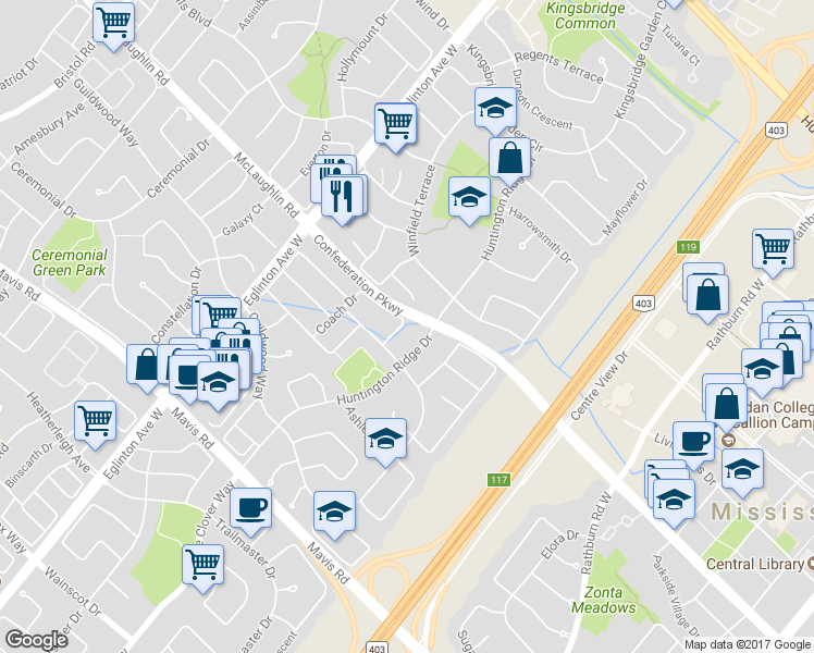 map of restaurants, bars, coffee shops, grocery stores, and more near 539 Coach Drive in Mississauga