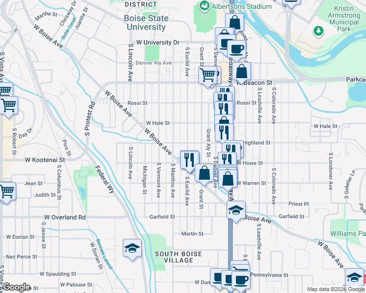 map of restaurants, bars, coffee shops, grocery stores, and more near 1325 West Highland Street in Boise