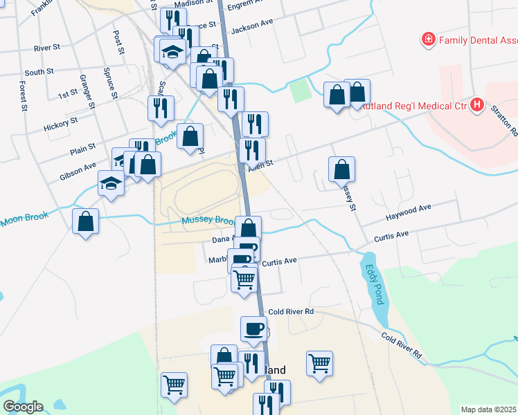 map of restaurants, bars, coffee shops, grocery stores, and more near 9 Chaplin Avenue in Rutland