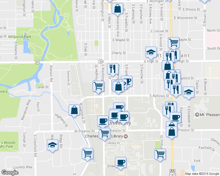 map of restaurants, bars, coffee shops, grocery stores, and more near 1016 South Main Street in Mount Pleasant