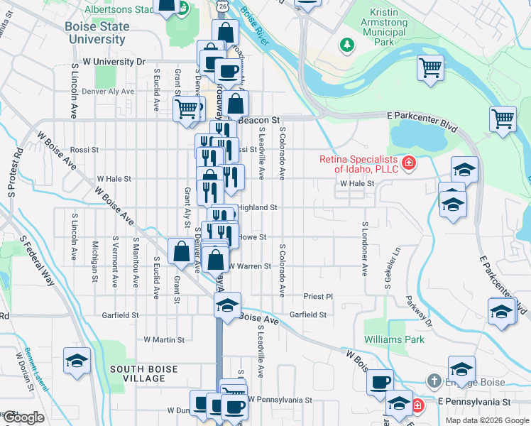 map of restaurants, bars, coffee shops, grocery stores, and more near 801 West Highland Street in Boise