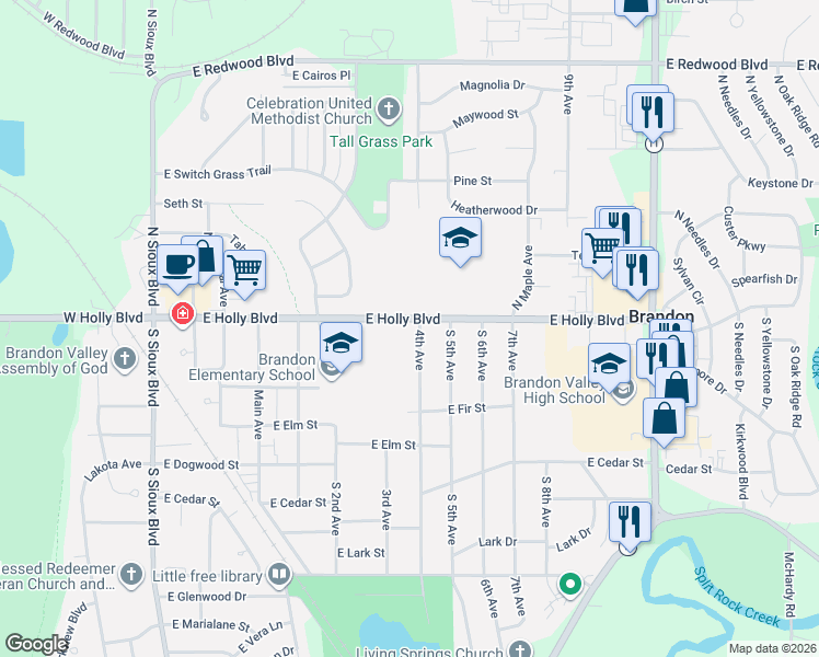 map of restaurants, bars, coffee shops, grocery stores, and more near 633-697 East Holly Boulevard in Brandon