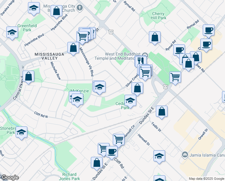 map of restaurants, bars, coffee shops, grocery stores, and more near 517 Silver Creek Boulevard in Mississauga