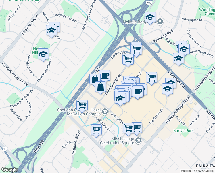 map of restaurants, bars, coffee shops, grocery stores, and more near 12 Station Gate Road in Mississauga