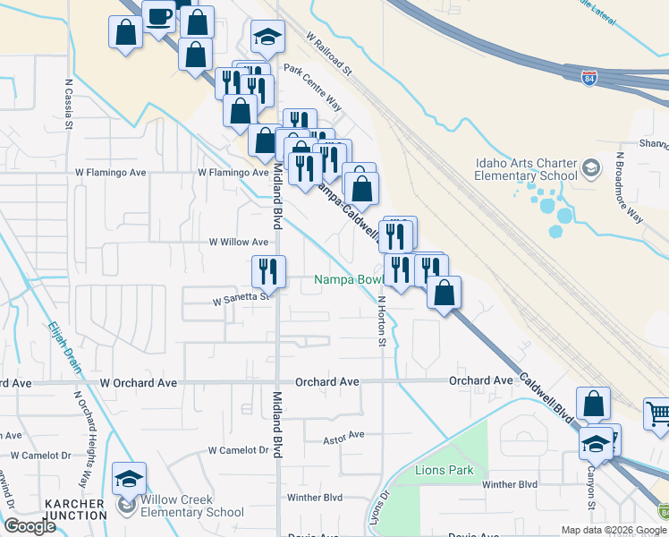 map of restaurants, bars, coffee shops, grocery stores, and more near 1106 North Adams Street in Nampa