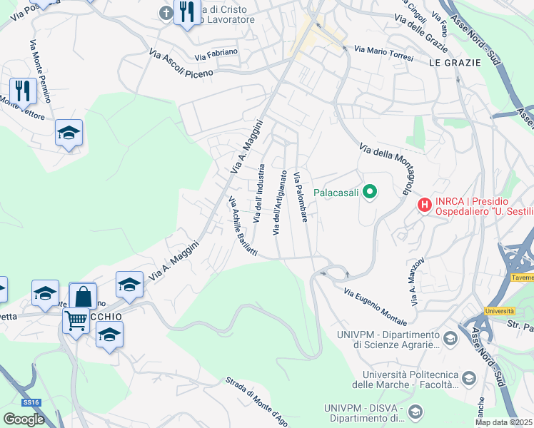 map of restaurants, bars, coffee shops, grocery stores, and more near Via dell'Industria in Ancona