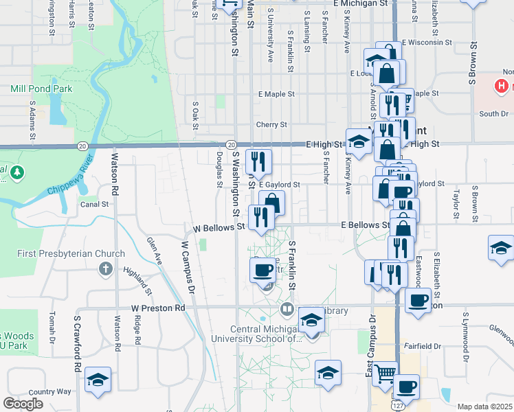 map of restaurants, bars, coffee shops, grocery stores, and more near 1019 South Main Street in Mount Pleasant