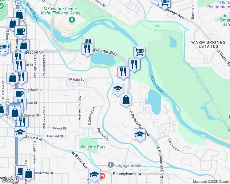 map of restaurants, bars, coffee shops, grocery stores, and more near 1509 Tyrell Lane in Boise