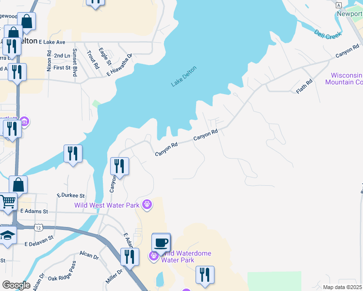 map of restaurants, bars, coffee shops, grocery stores, and more near 800 Canyon Road in Wisconsin Dells