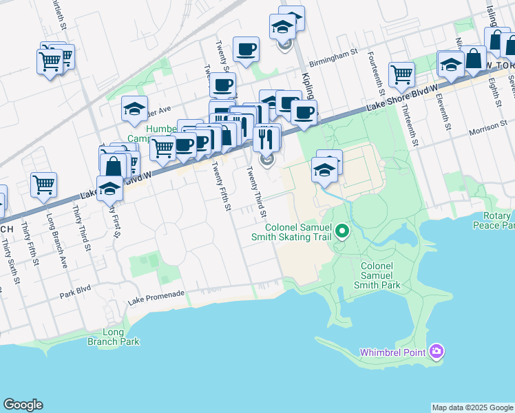 map of restaurants, bars, coffee shops, grocery stores, and more near 64 Twenty Third Street in Toronto