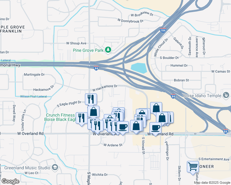 map of restaurants, bars, coffee shops, grocery stores, and more near 8743 West Hackamore Drive in Boise