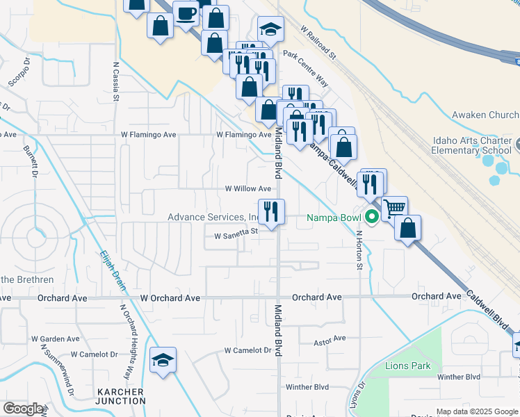 map of restaurants, bars, coffee shops, grocery stores, and more near 1107 West Willow Avenue in Nampa