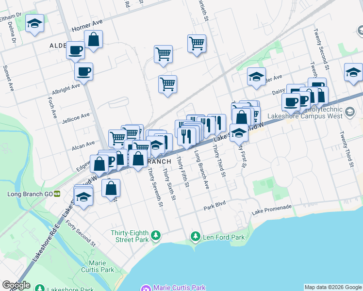 map of restaurants, bars, coffee shops, grocery stores, and more near 3531 Lake Shore Boulevard West in Toronto